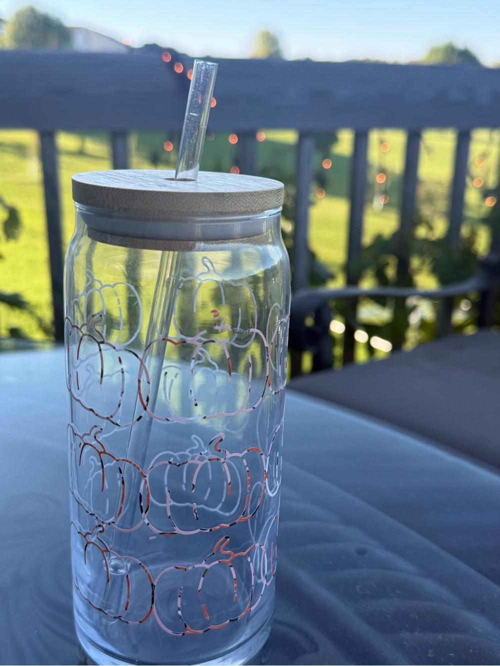 Handmade Clear Glass Pumpkin-Print 20 ounce Tumbler with Bamboo Lid and straw